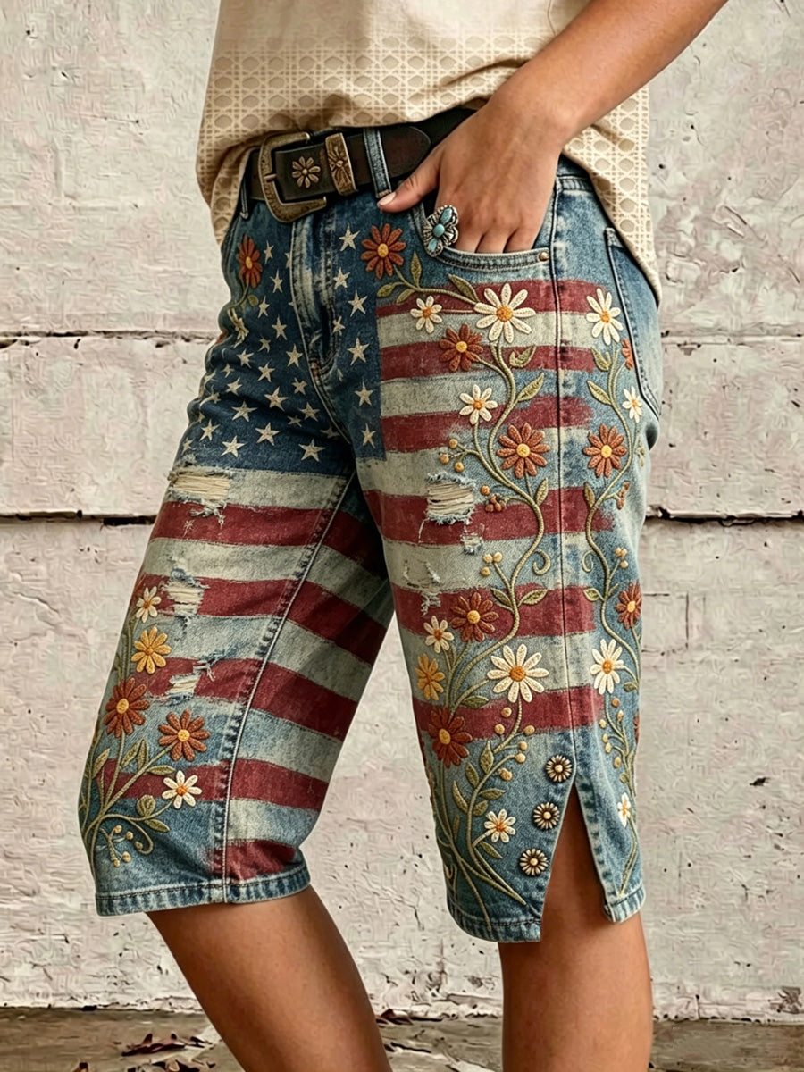 Retro Style Floral Print Vintage Casual Denim Shorts